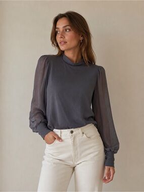 LOFT Charcoal Gray Mock Neck Long-Sleeve Top